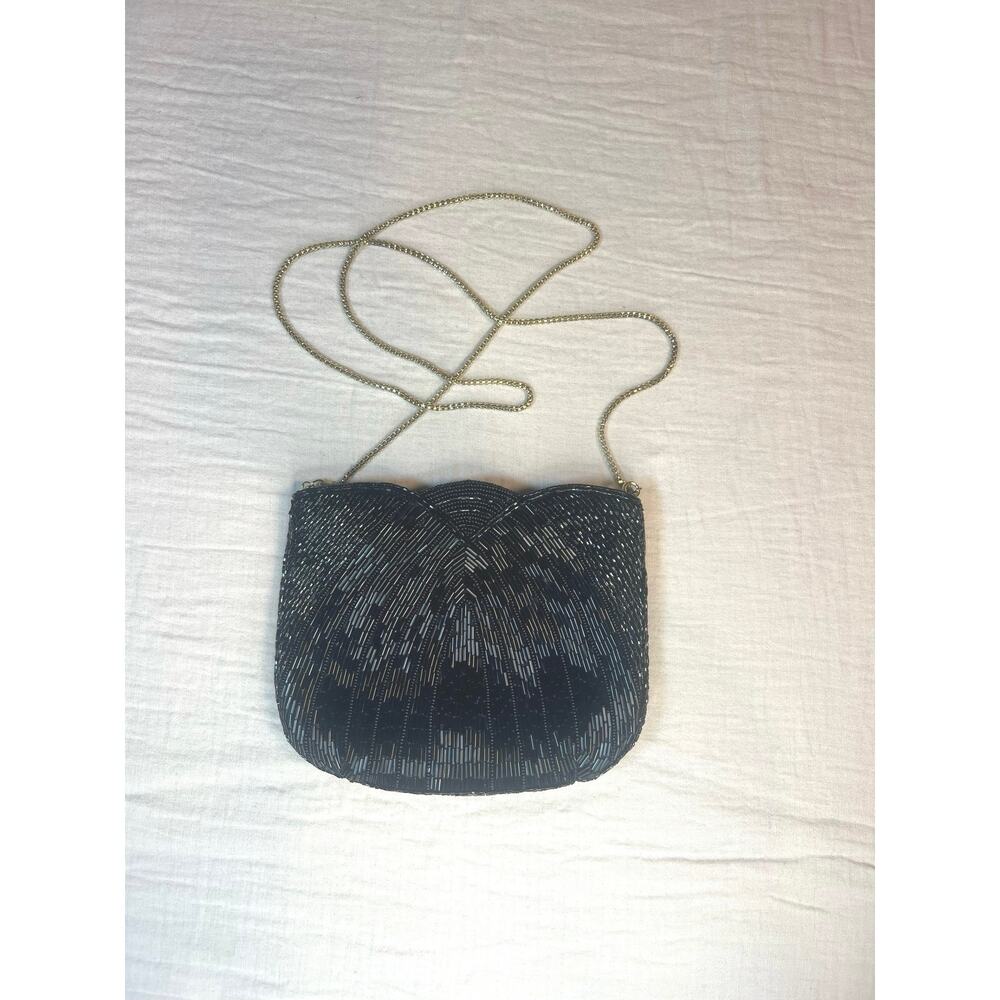 Vintage Black La Regale Glass Beaded Evening Shoulder Clutch Bag 23" Chain